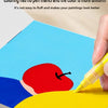 A hand is painting a colorful illustration on a blue paper surface with red and yellow colors.