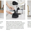 A hand demonstrates the versatile 3-in-1 kitchen soap dispenser with a sponge holder and brush on a countertop.