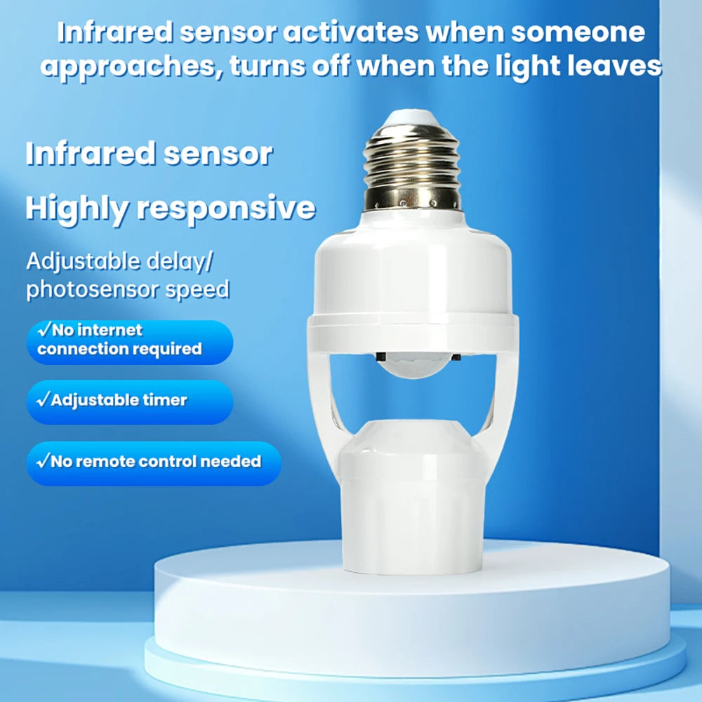 A white infrared sensor lamp holder is shown on a stand, demonstrating its activation and deactivation features.