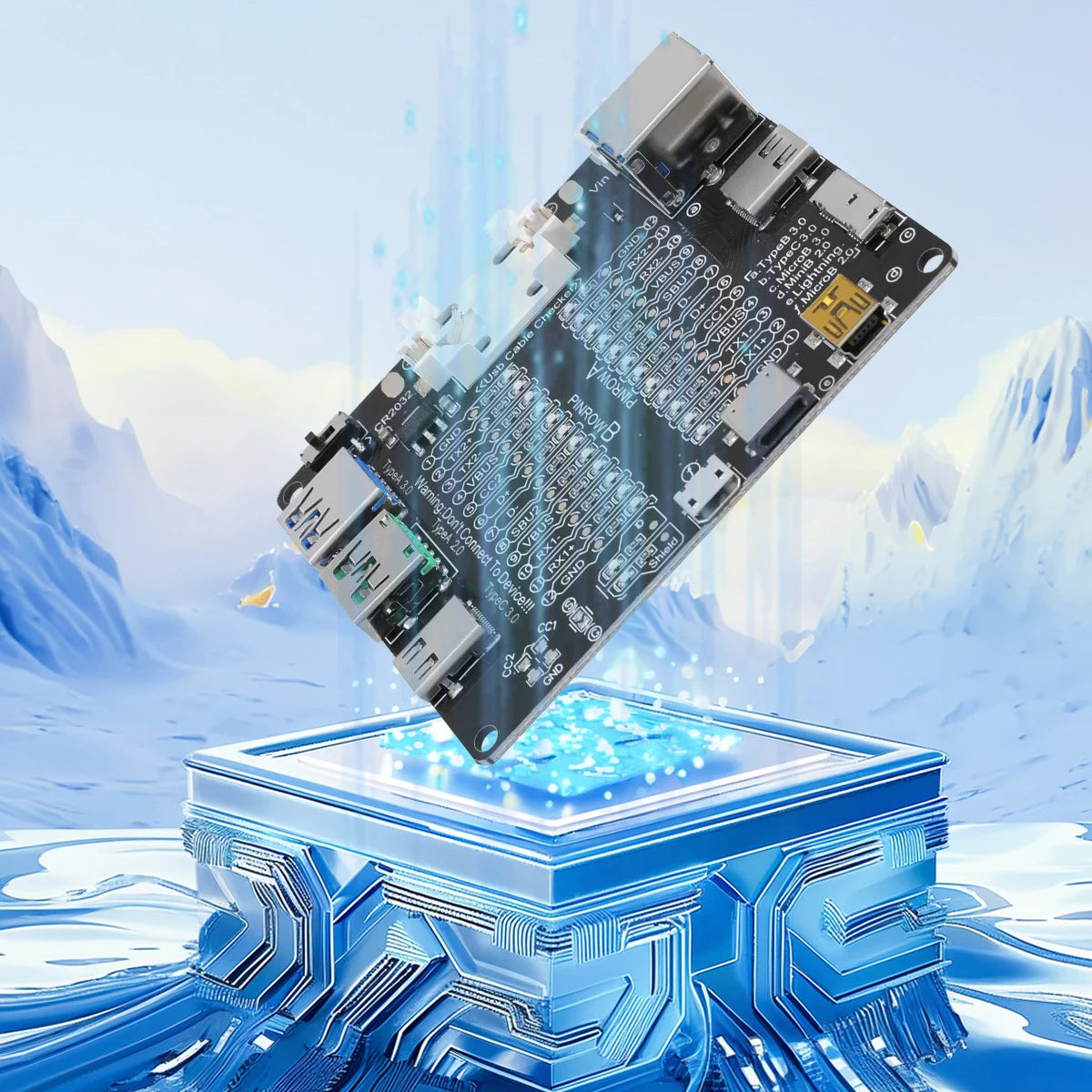 A compact USB cable tester and fault detector is shown resting on a futuristic blue platform against a snowy mountain backgro