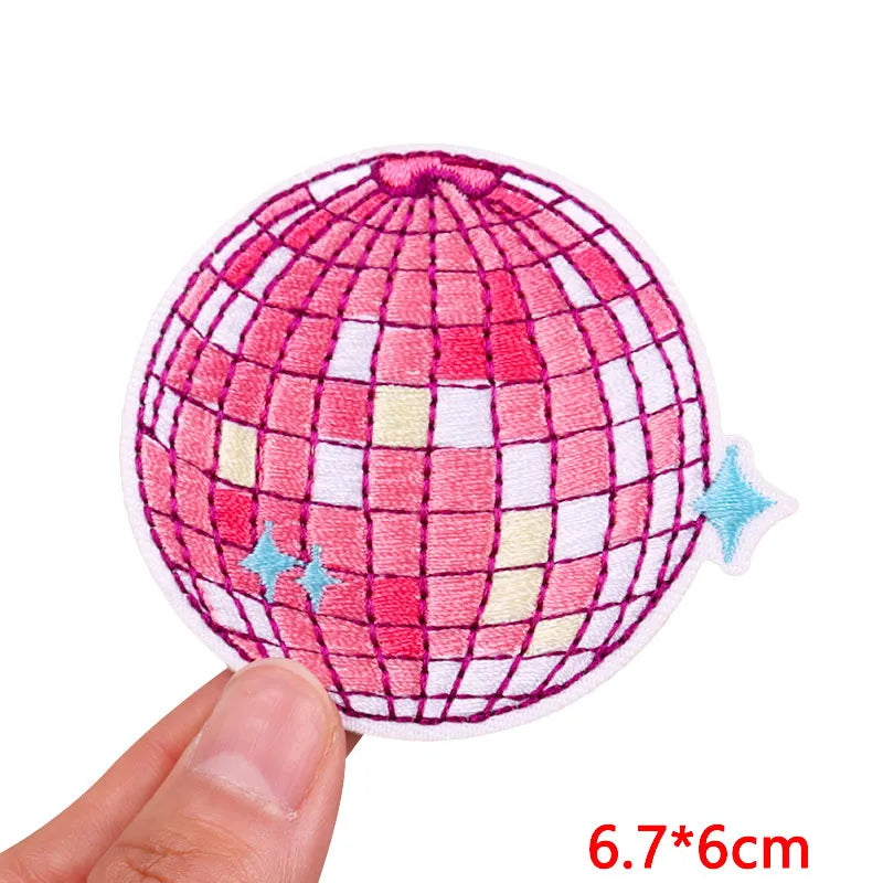 Pink and white checkered spherical iron-on embroidery patch