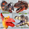 A collection of realistic dinosaur hand puppets including Triceratops, Tyrannosaurus rex, and Pterosaurus.