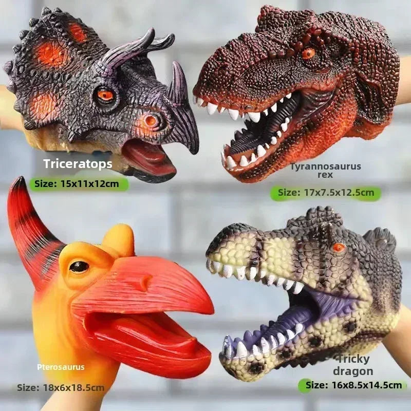 A collection of realistic dinosaur hand puppets including Triceratops, Tyrannosaurus rex, and Pterosaurus.