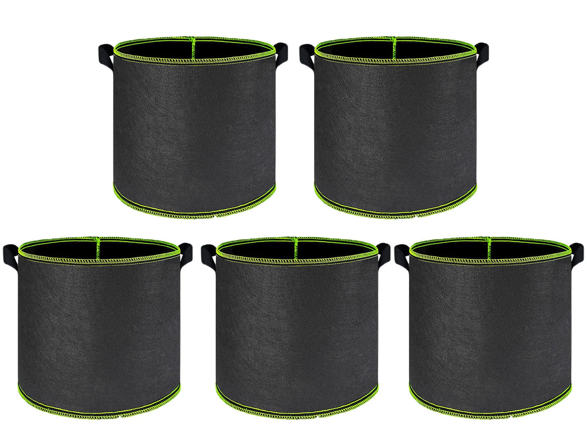 Three black heavy-duty non-woven fabric grow bags for plants, shown from the side.
