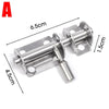 Heavy duty stainless steel door bolt latch with mounting brackets and a cylindrical bolt.