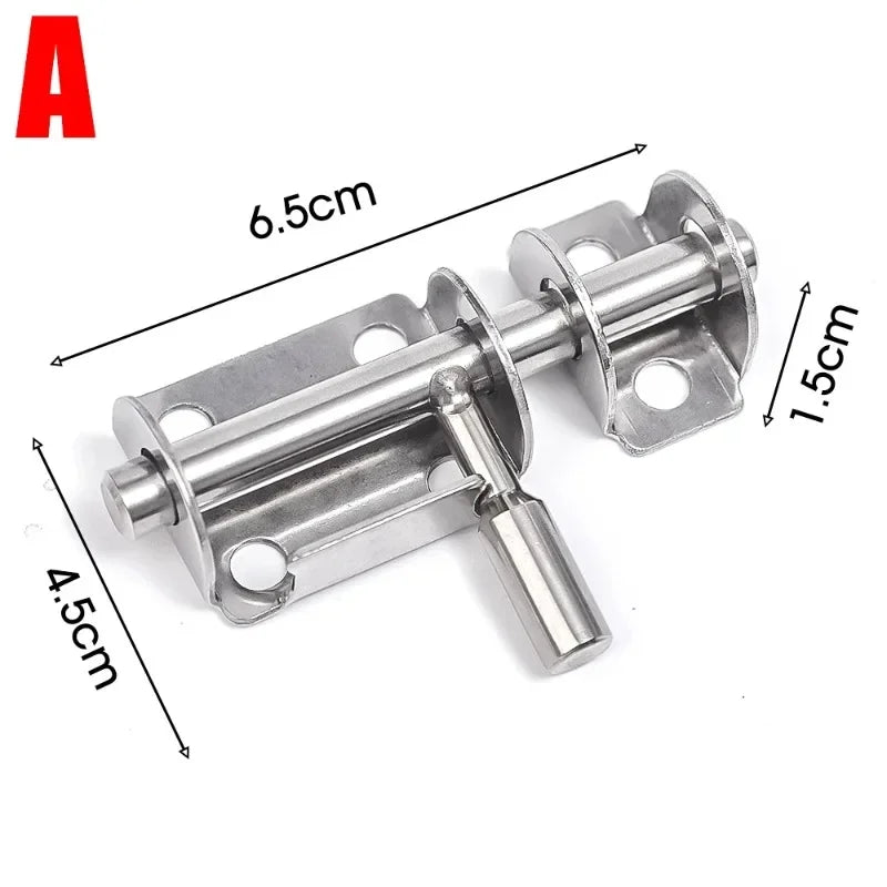Heavy duty stainless steel door bolt latch with mounting brackets and a cylindrical bolt.