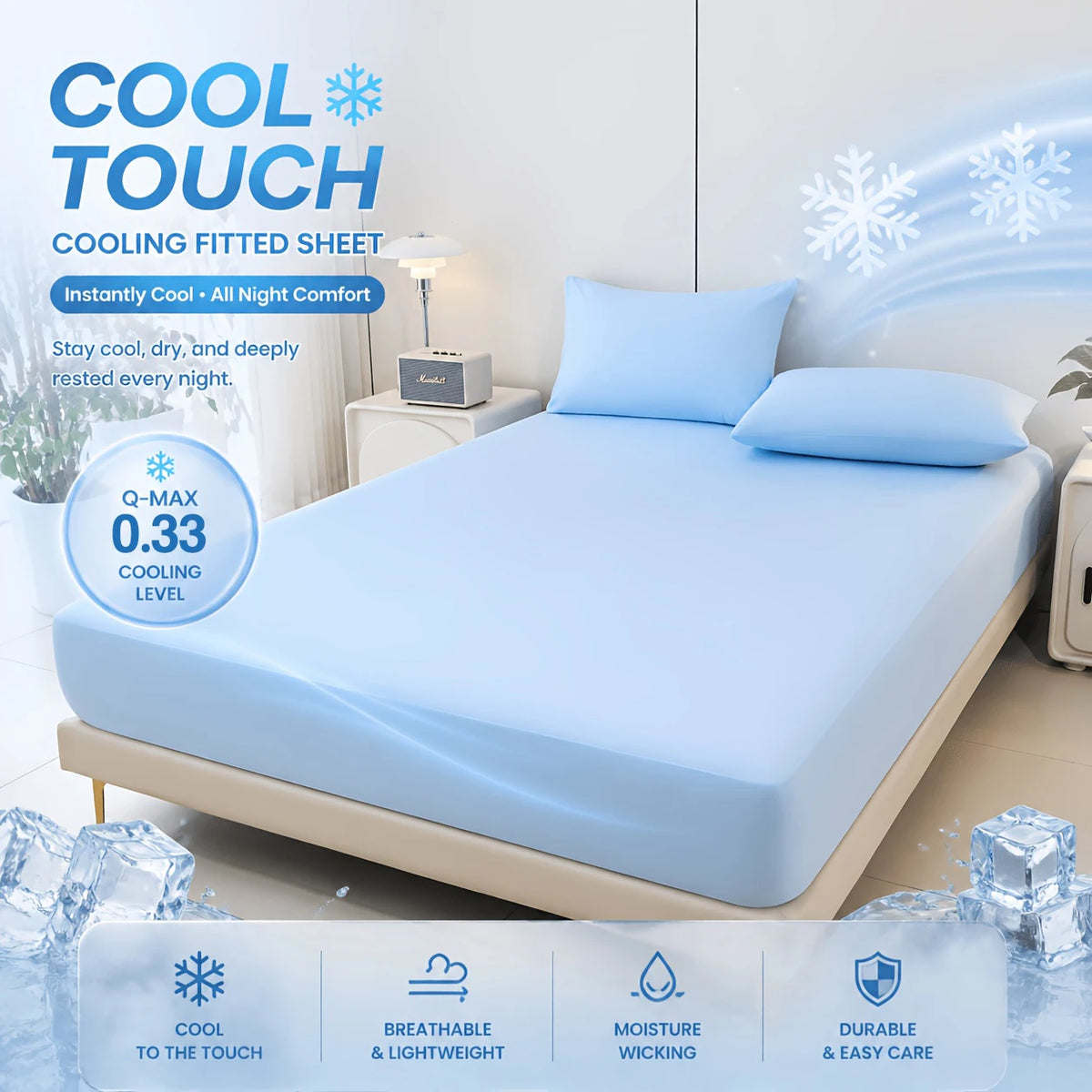 A light blue cooling fitted sheet is displayed on a bed, emphasizing its cool touch and breathable features.