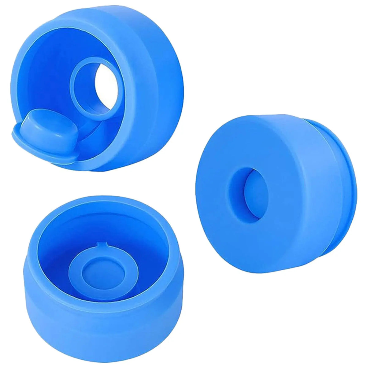 Three blue reusable silicone water jug caps shown from different angles