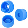Three blue reusable silicone water jug caps shown from different angles