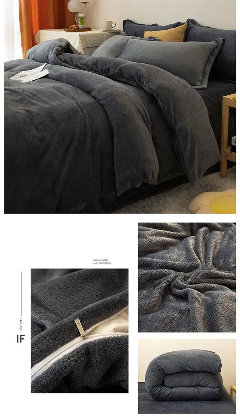 A dark gray cozy flannel duvet cover with a zipper detail shown on a bed.