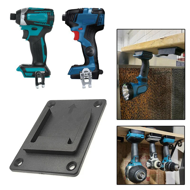 A set of wall-mount battery holders for 18V power tools, including a pistol grip and a flat mounting plate.
