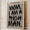 Framed canvas wall art featuring a vintage newspaper style quote: Mom, I am a rich man.