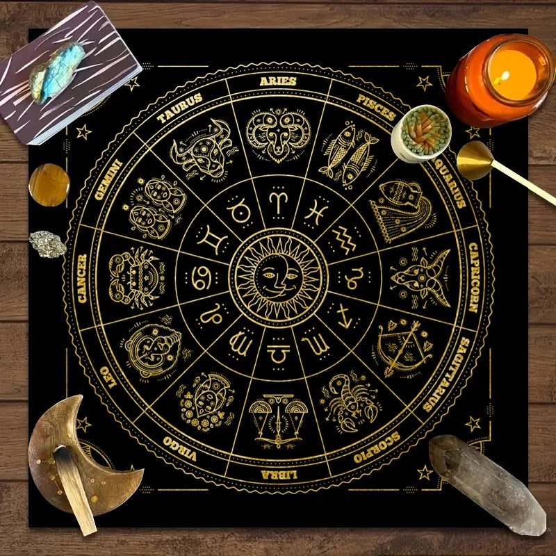 A circular gold zodiac chart with twelve signs and planetary symbols on a black background, set on a wooden surface.