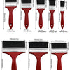 A set of various size paint brushes with plastic handles shown in red and black bristles.