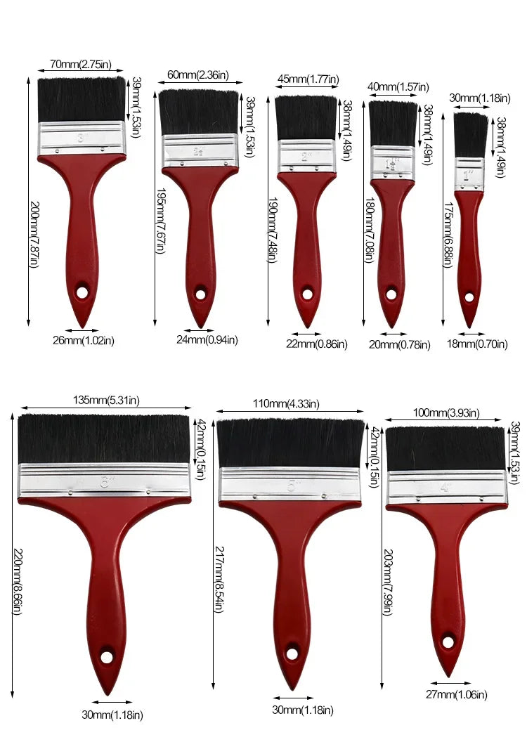 A set of various size paint brushes with plastic handles shown in red and black bristles.