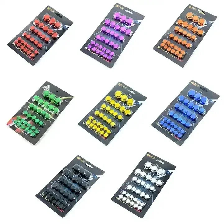 A collection of 30 decorative motorcycle screw cap covers in various colors and sizes packaged for sale.
