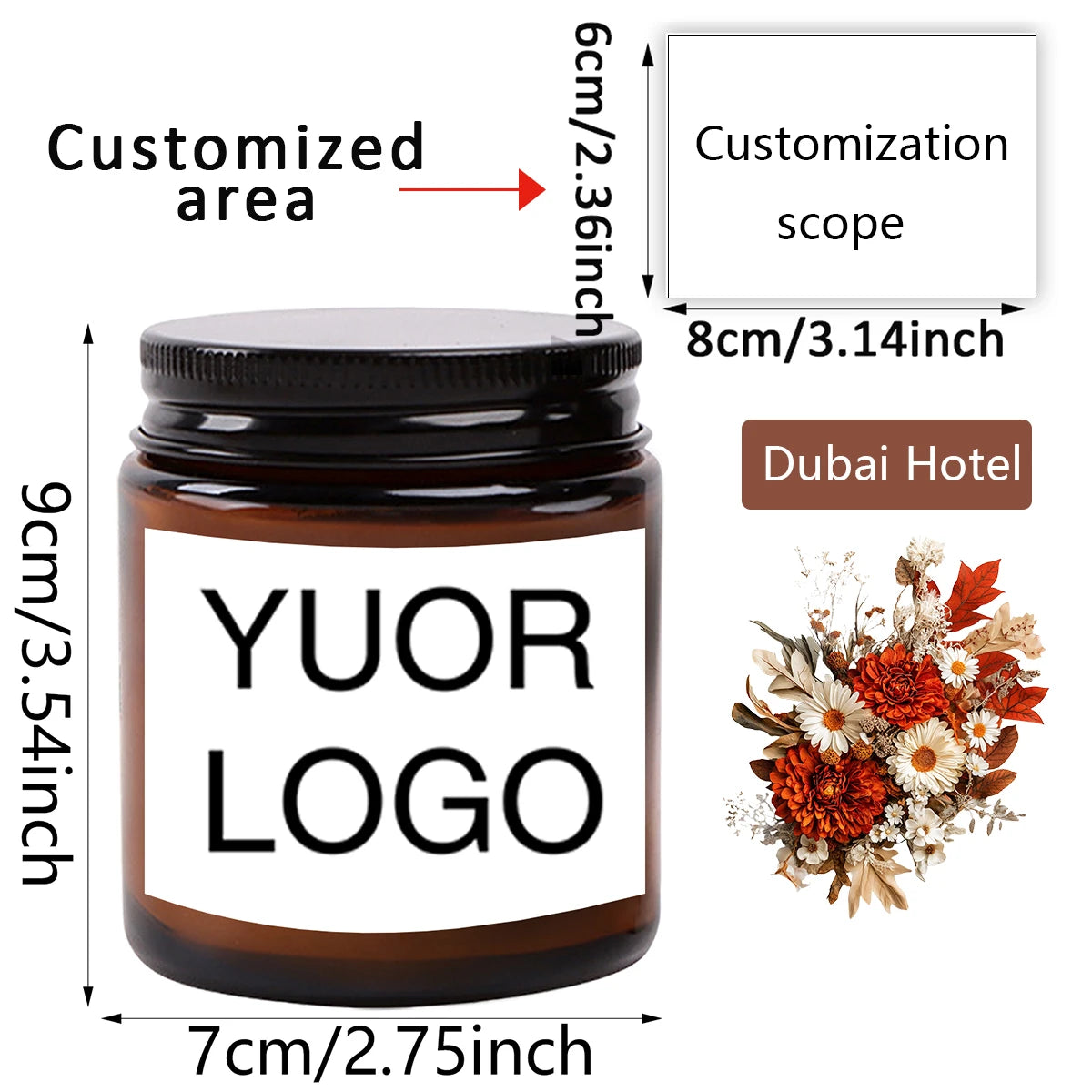 A dark glass jar candle with a white label featuring the text YOUR LOGO, shown next to a customization scope diagram.
