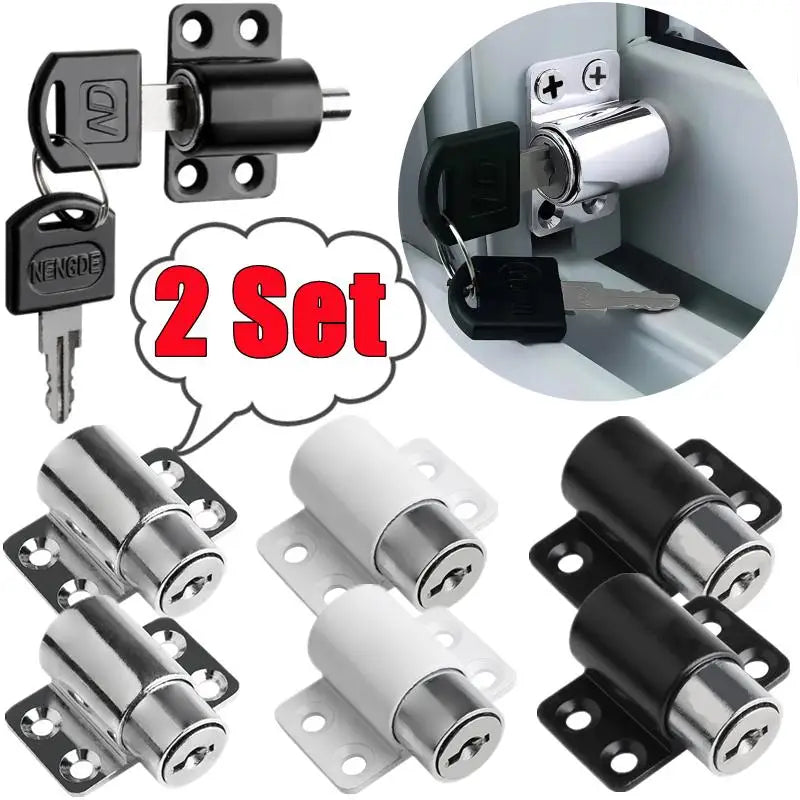 A set of sliding door window locks with two keys shown in various configurations and close-up views.