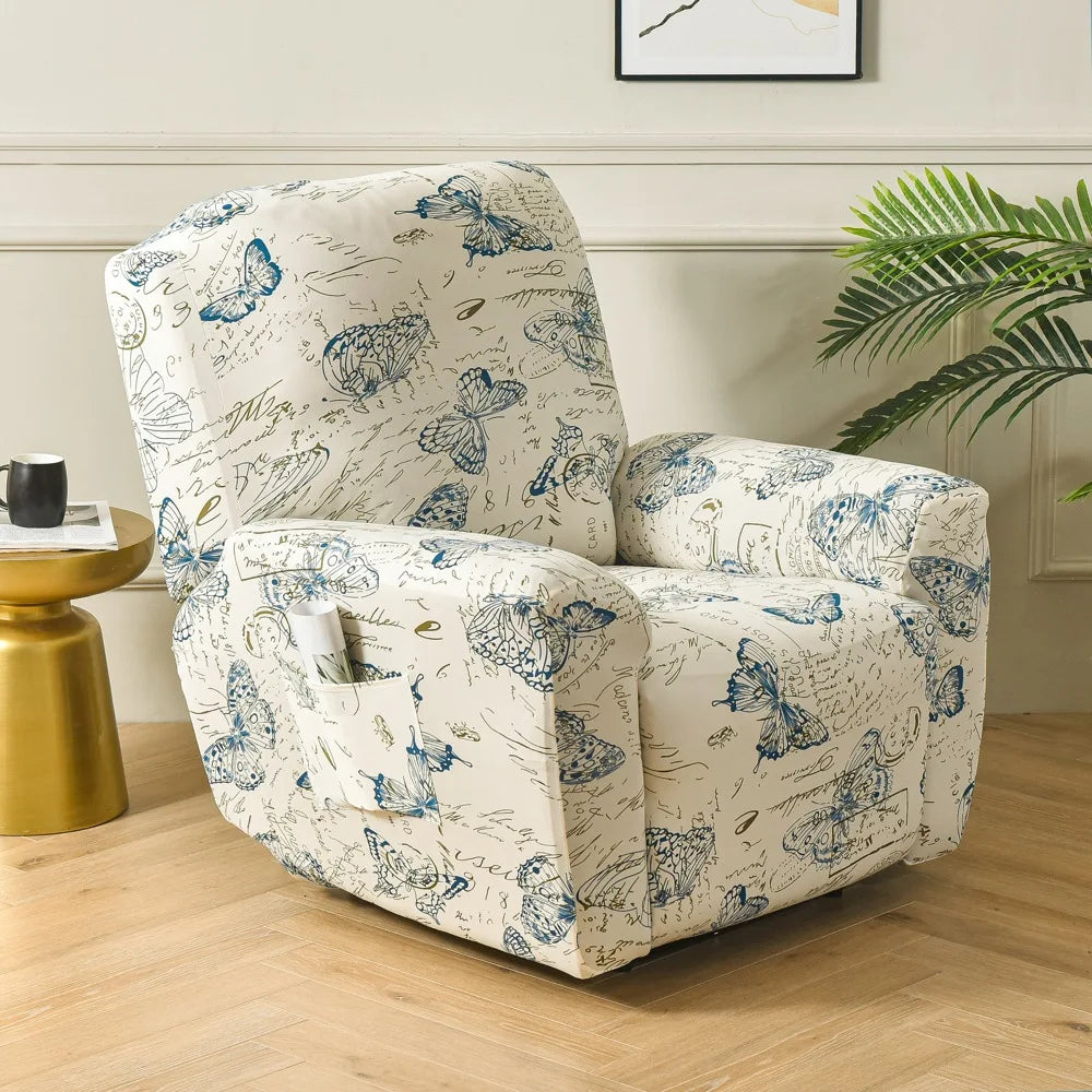 Printed Recliner Cover with Side Pocket — 4-Piece Set