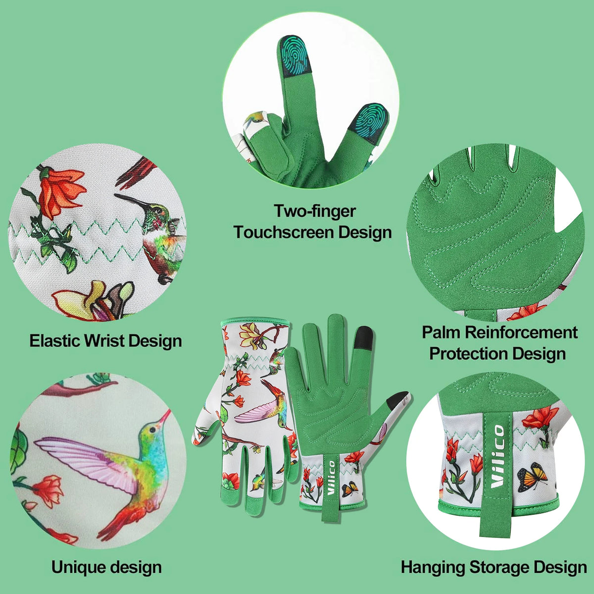 A collection of green gardening gloves showing various designs including touchscreen, palm reinforcement, unique patterns, an