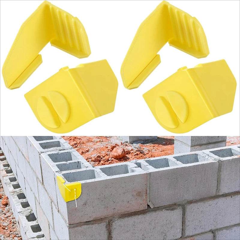 Two yellow masonry line corner clips with anti-slip locks shown against a brick wall.