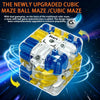 A newly upgraded cubic maze ball maze cube with yellow and blue components shown from above.