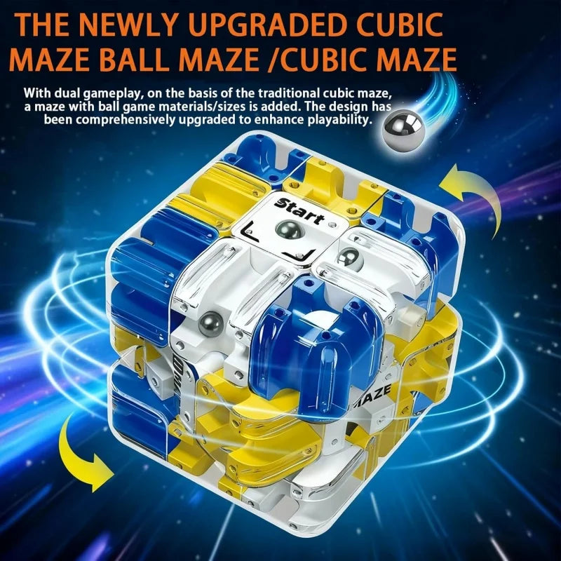 A newly upgraded cubic maze ball maze cube with yellow and blue components shown from above.