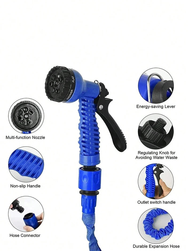 A blue expandable garden hose featuring a multi-function nozzle, non-slip handle, regulating knob, outlet switch, and durable