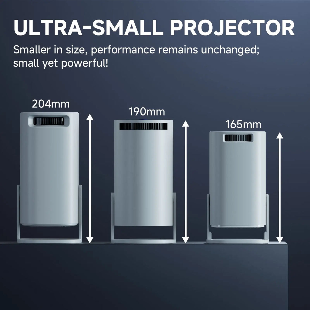 Three versions of an ultra-small projector are shown side by side with dimensions 204mm, 190mm, and 165mm.
