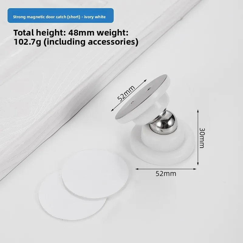 A close-up view of a strong magnetic door catch in ivory white, showing its components and dimensions.