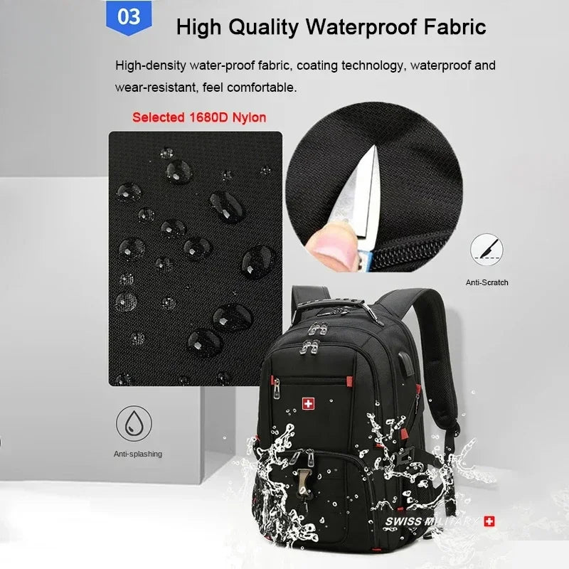 Black waterproof fabric laptop backpack featuring an anti-scratch finish and anti-splashing coating.