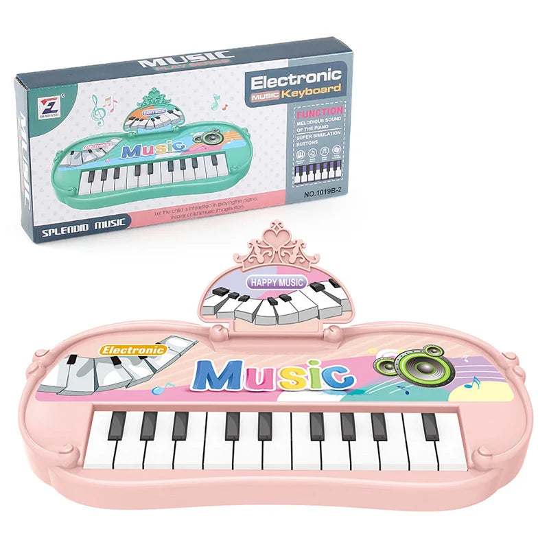 Pink electronic music keyboard toy with a microphone and keys