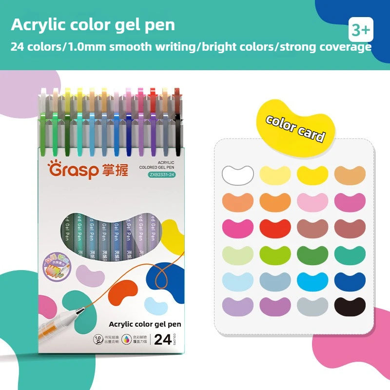 Un set de 24 rotuladores de gel acrílicos con bandeja deslizante mostrando varios colores brillantes.