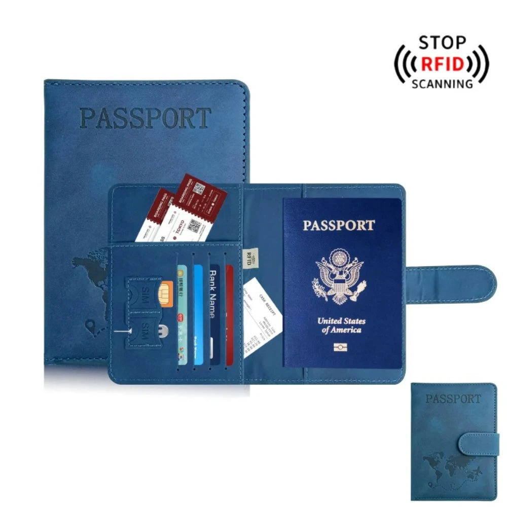Porta-pasaporte azul oscuro mostrando un pasaporte y documentos, con advertencia de escaneo RFID.