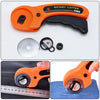 An orange rotary cutter sewing kit includes a cutting mat, ruler, and spare blades shown with a measuring tape.