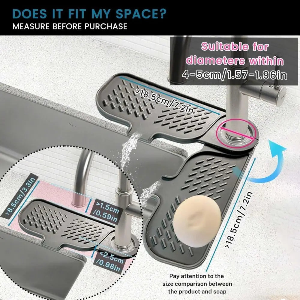 A silicone sink faucet mat with a rotatable splash guard is shown demonstrating size compatibility for different diameters.