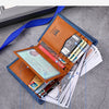 A brown leather bifold wallet is shown open, displaying various cards and cash inside.
