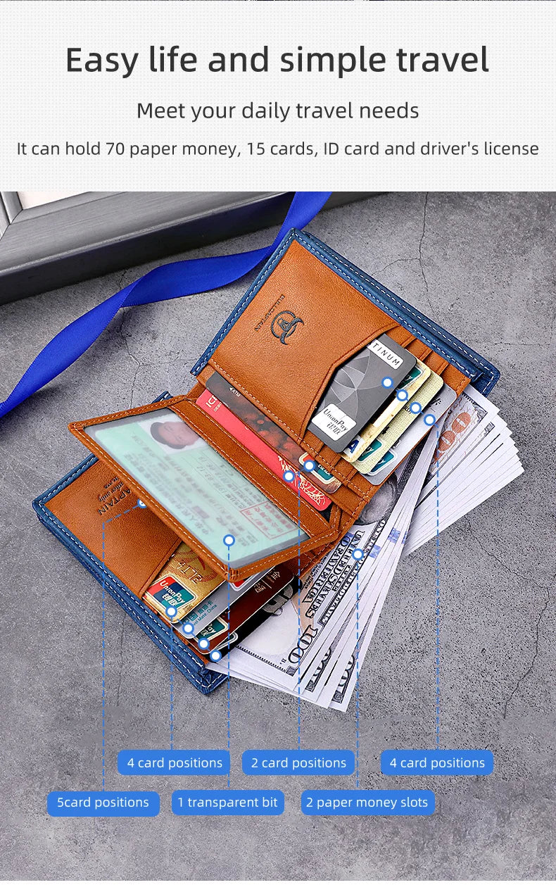 A brown leather bifold wallet is shown open, displaying various cards and cash inside.