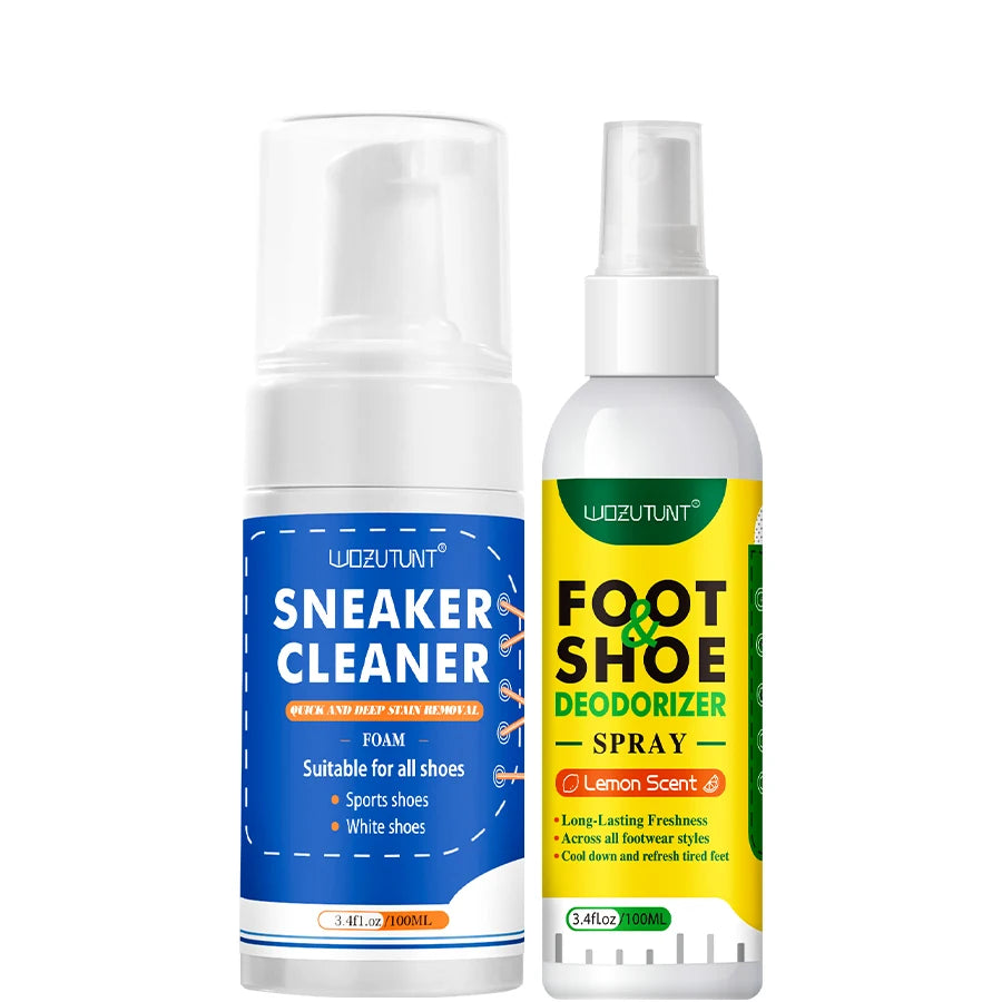 Botella de espuma limpiadora para zapatillas y un spray desodorizante para zapatos