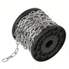 A coil of heavy-duty stainless steel chain is shown, featuring a black plastic housing and a metal link chain.