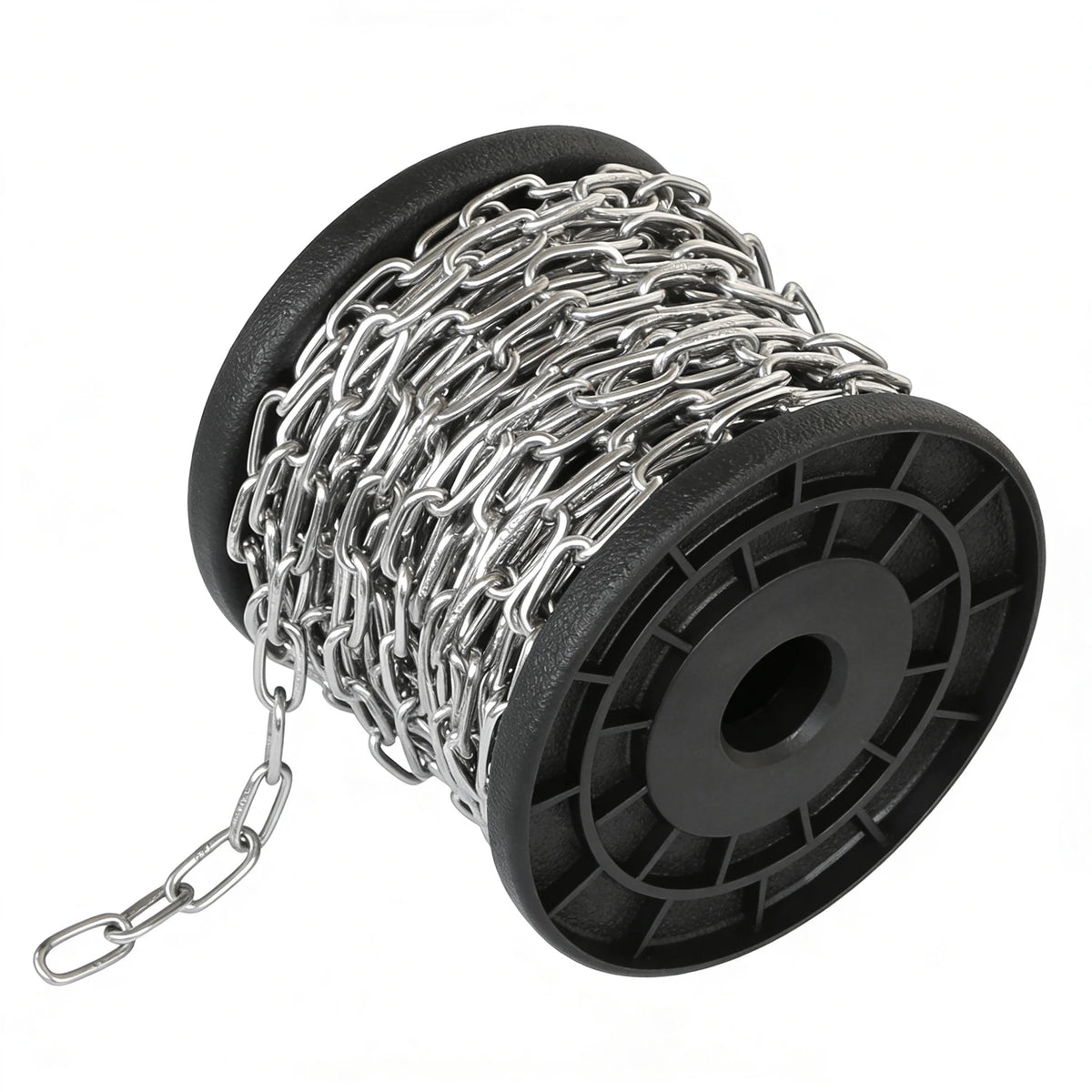 A coil of heavy-duty stainless steel chain is shown, featuring a black plastic housing and a metal link chain.