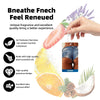 A hand holds a pink air freshener with a citrus scent, next to various natural ingredients like lemon slices and pine cones.