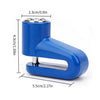 A blue anti-theft disc brake lock for motorcycles and bikes, shown with dimensions.