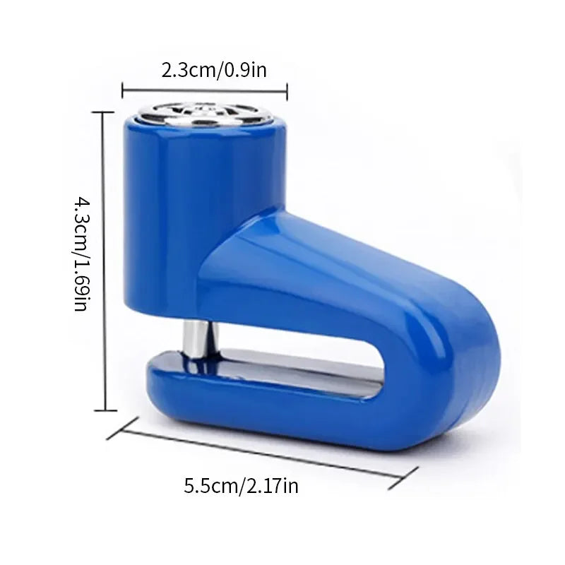 A blue anti-theft disc brake lock for motorcycles and bikes, shown with dimensions.