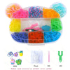 A plastic container holds various colored rubber band accessories including loom bands and pendant colors.
