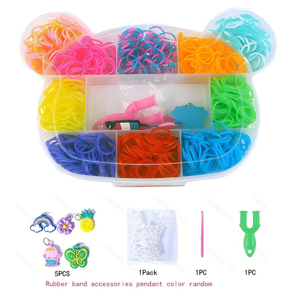 A plastic container holds various colored rubber band accessories including loom bands and pendant colors.