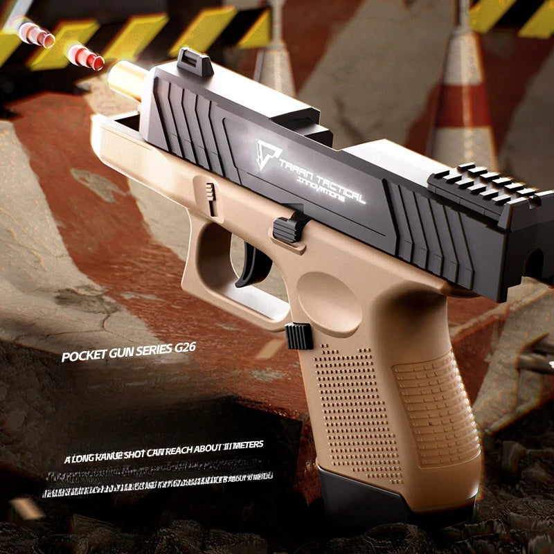 A tan Taran Tactical pocket gun with a black frame and barrel, shown in a tactical setting.