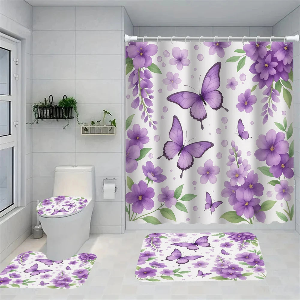 Purple peony floral shower curtain set featuring a matching rug and toilet cover