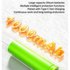 A green lithium battery is shown next to a soldering iron, highlighting its 1000mAh capacity and long endurance.
