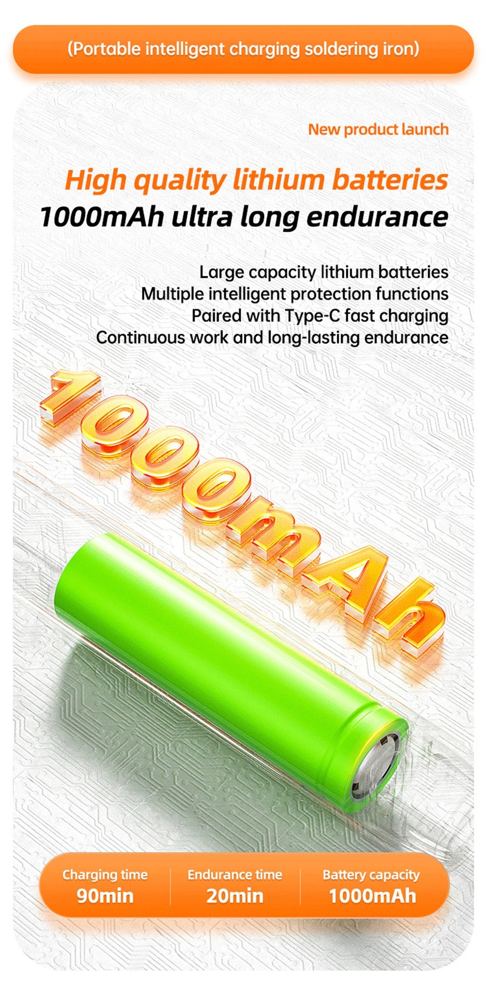 A green lithium battery is shown next to a soldering iron, highlighting its 1000mAh capacity and long endurance.